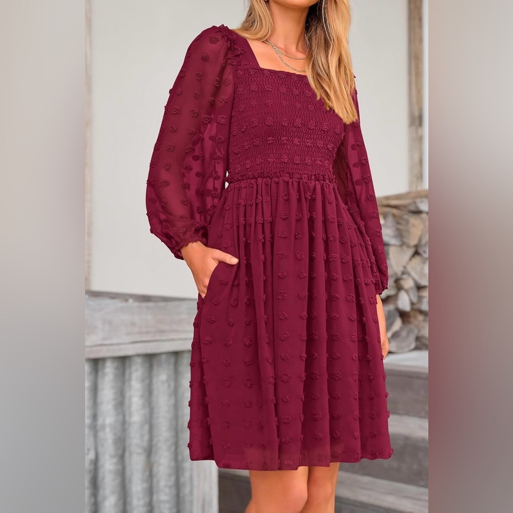 Smocked Square Neck Dress Wine Red ~ flattering silhouette 
SIZE XXL /20   *NWT